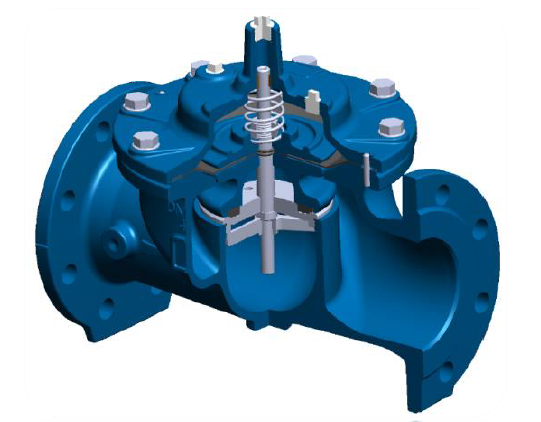 3D cutaway view of a diaphragm control valve showing main valve body, diaphragm, stem, disc and flow path